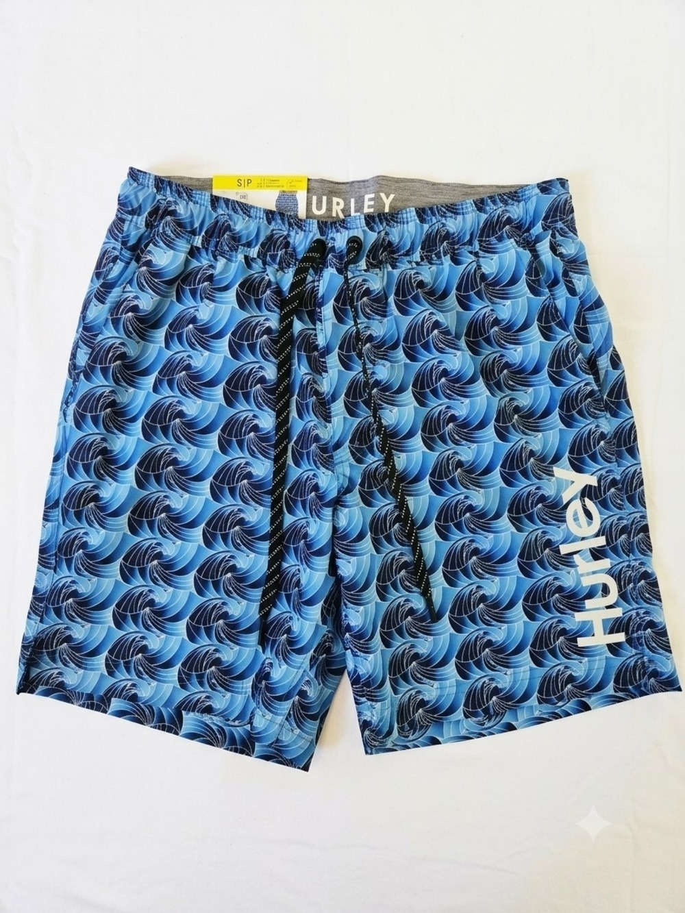 Hurley Blue Wave-Pattern Swim Trunks Elastic Waist  Inner Shorts NWT Size S